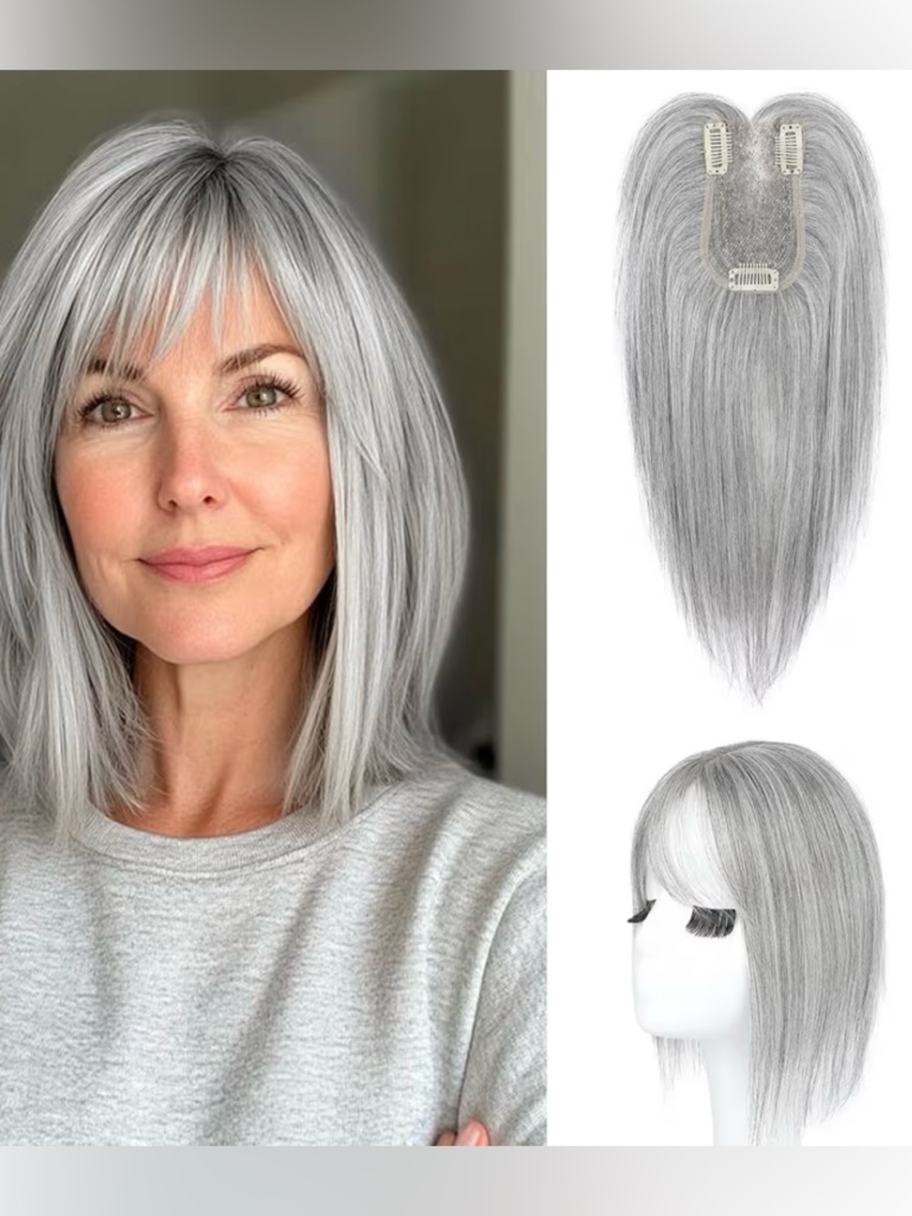 100% Real Human Hair Topper LIGHT GRAY 10 Inch With Bangs Clip In Hair Piece NEW